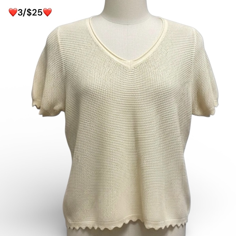 Wonderly Cream V Neck Textured Knit Top Large Short Sleeve Neutral ❤️3/$25❤️